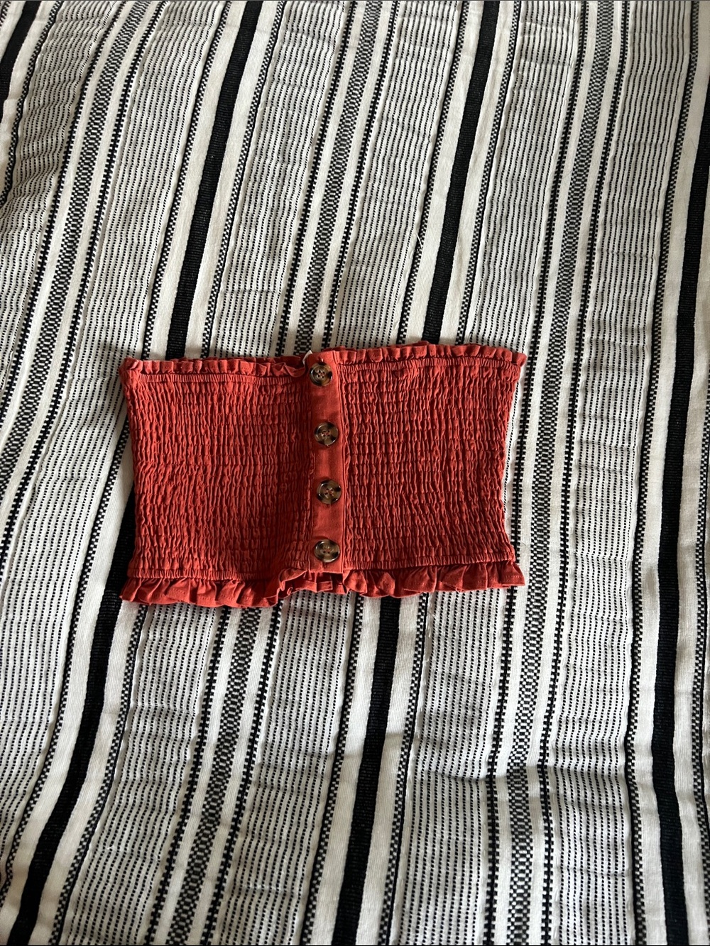 Privacy Please Red Cropped Smocked Tube Top with Buttons